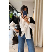 YEK&BİR Kadın Garnili Taş Detaylı Oversize Gömlek Siyah Beyaz