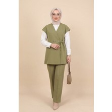 Moda Morfo Düğme Detaylı Çift Bağcıklı Yelek Pantolon Double Krep Takım -Haki