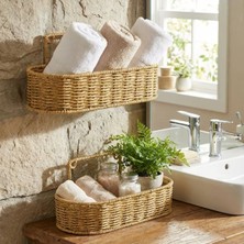 Ozcmax 2’lii Duvar Askılı Plastik Rattan Organizer – Oval Hasır Görünümlü Mutfak Raf Sepeti, Banyo ve Ev Içi Düzenleme Ünitesi