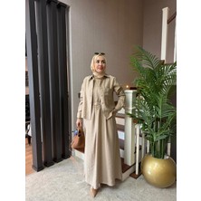 Esra Butik Bej Renk Pamuklu Tensel Kumaş Tunikli Tesettür Elbise Takımı