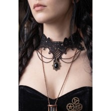 Zurafa Shop Oval  Siyah Dantel Choker Kolye -Zincir ve Boncuk Sarkıtlı Viktorya Stil Aksesuar