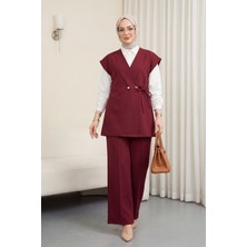 Moda Morfo Düğme Detaylı Çift Bağcıklı Yelek Pantolon Double Krep Takım -Bordo