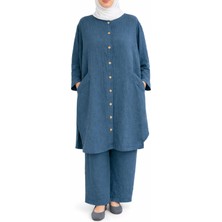 Sile Atelier Sıle Atelıer Mavi Müslin Tunik Pantolon Takım Kadın Rahat Kalıp Yazlık L/xl