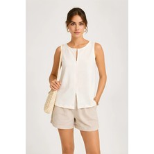 Lili Woman Kadın Ekru Çift Yön Fermuarlı Premium Fit Form Kolsuz Crop Bluz 5057