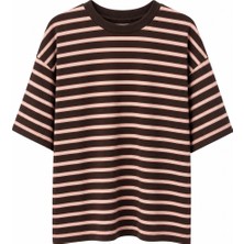 Zelish My Sister Kahve O Yaka Çizgili Tshirt