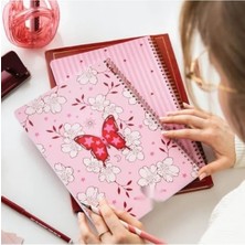 A4 Spiralli 2’li Çizgili Okul Defteri Seti - Pembe Kelebek Desenli