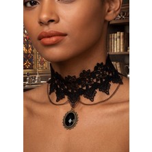 Zurafa Shop Oval Kristal Taşlı Siyah Dantel Choker Kolye -Zincir ve Boncuk Sarkıtlı Viktorya Stil Aksesuar