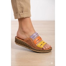 Shoemix Kadın Hakiki Deri Renkli Bantlı Anatomik Terlik