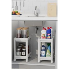 2 Katlı Tekerlekli Tezgah Altı Raf, Beyaz Renk, Mutfak ve Banyo Için