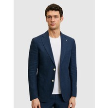 Cacharel Lacivert Slim Fit %100 Keten Mikro Desen Mono Yaka Ceket 50324476 VR033