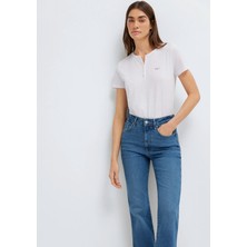 Mavi Yarı Düğmeli Mavi Jeans Beyaz Tişört 1613981-620