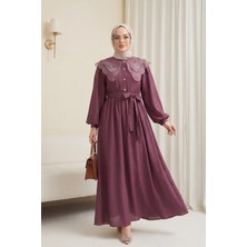 Moda Morfo Organze Bebe Yaka Taş Düğmeli Krinkıl Elbise -Vişne