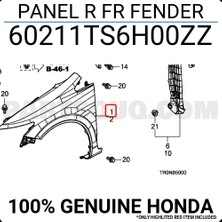 TŞT Honda Civic Ön Çamurluk Sağ 2012-  (Oem No:  60211TS6H00ZZ)