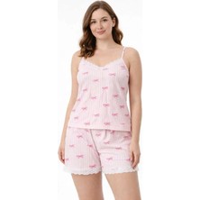 Tenra Kadın Pembe Çizgili Fiyonk Desenli Ip Askılı Şortlu Pijama Takımı Dantel Detaylı