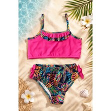 Bilge Trend Fuşya Fırfır ve Fiyonk Detaylı Kız Çocuk , Genç Kız Bikini Takımı