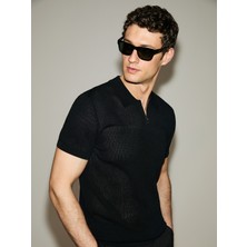 Cacharel Erkek Siyah Slim Fit Fermuarlı Polo Yaka Triko T-Shirt 50326102-VR046