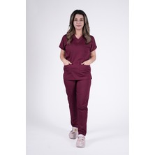 Stilmed Üniforma Bordo Hemşire ve Doktor Forması Scrubs Takımı Likralı Alt Üst Üniforma Unisex Yarasa Kol