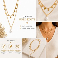 Bitangosu Çok Katlı Gold Kolye Incili Kadın Kolye Ayarlanabilir Zincirli Minimal Şık Tasarım