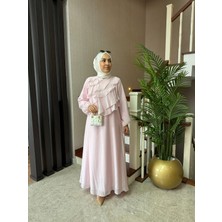 Esra Butik Şık Tasarım Pudra Pembe Volan Detaylı Uzun Elbise