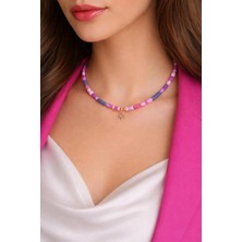 Fuşya Pembe Lacivert Sedef Doğaltaş Rose Yaprak Kolye