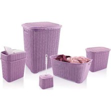 Majeur 5 Parça Örgü Desenli Plastik Banyo Seti Çamaşır Sepeti Deterjanlık Çöp Kovası Klozet Fırçası  Mor