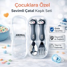 Jojobebek Siyah Renk Kedi Figürlü Premium Çocuk Bpa Free Paslanmaz Çelik Uçlu Çatal-Kaşık Set