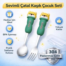 Jojobebek Yeşil Renk Ayı Figürlü Premium Çocuk Bpa Free Paslanmaz Çelik Uçlu Çatal-Kaşık Set 24+ Ay