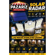 Pazariz 140 LED Güneş Enerjili LED Aydınlatma Solar Lamba Kumandalı 5 Metre Kablolu Bahçe Lambası 3 Modlu Kaliteli Sensörlü Solar Sokak Lambası 3 Başlı Hareket Sensörlü Dış Mekan Güvenlik Lambası