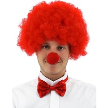 Magicool Kırmızı Renk Kıvırcık Afro Bonus Peruk Takma Saç ve Kırmızı Burun Seti