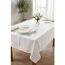 Rona Home Kırık Beyaz Desenli Masa Örtüsü Jakarlı Kumaş Leke Tutmaz Şık Masa Örtüsü