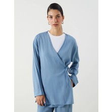 LC Waikiki Lcw Modest Mavi Kruvaze Yaka Keten Karışımlı Kadın Kimono