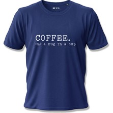 North Whiskers "coffee A Hug In A Cup" Baskılı %100 Pamuklu Lacivert Kahve Tişörtü