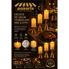 Pazariz Şamdanlı 3'lü LED Mum Seti Dekoratif Pilli ve Romantik Mumlarla Evinize Işıltı Katın  Gold Altın Renkli Pilli Mum Noel Mumları Pencere Mumları Titreyen Pencere Mum Işıkları