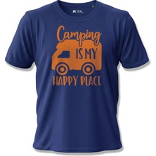 North Whiskers "camping Is My Happy Place" Karavan Baskılı %100 Pamuklu Lacivert Kamp Tişörtü