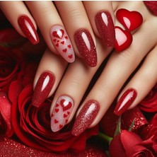 Vivid Charm Vividcharm 24 Lü Kırmızı ve Kalp Tasarımlı Takma Tırnak Seti