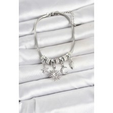 AyrStore Buğz Pirinç Gümüş Renk Gündüz ve Gece Temalı Charmlı Kadın Bileklik
