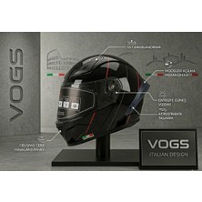 Vogs WS-210 Güneş Vizörlü Çene Açılır Kask (Şeffaf Vizörlü) Kask Siyah Kırmızı Çizgili
