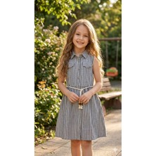 Tuma Collection Kız Çocuk Yazlık Çizgili Elbise %100 Pamuklu Kolsuz Kuşaklı Günlük Şık Kombin 5-6-7-8 Yaş