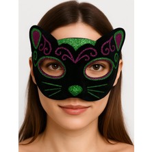 Motto Ticaret Siyah Kadife Kaplama Üzeri Pembe Yeşil Sim Işlemeli Kedi Maskesi 20X13 cm
