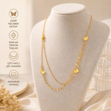 Bitangosu Gold Zirkon Taşlı Kelebek Detaylı Çift Katlı Kadın Kolye