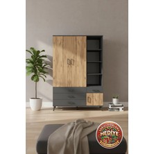 Aura Dolap: 5 Raflı, 4 Çekmeceli, 1 Askılı 132X59X195 Antrasit-Çam