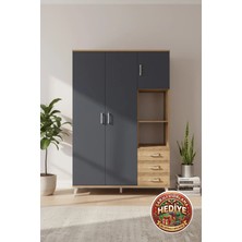 Silva 5 Raflı 3 Çekmeceli Askılı Dolap (132X30X195) Çam-Antrasit
