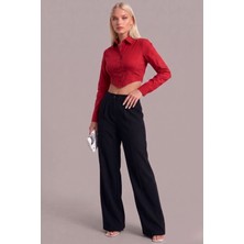 Asfaha Fashion Kadın Gömlek Yaka Düğmeli Crop Gömlek
