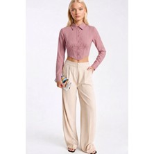 Asfaha Fashion Kadın Gömlek Yaka Düğmeli Crop Gömlek