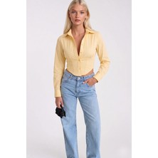 Asfaha Fashion Kadın Gömlek Yaka Düğmeli Crop Gömlek