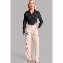 Asfaha Fashion Kadın Gömlek Yaka Düğmeli Crop Gömlek