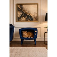 HunCar El Yapımı Ahşap Retro Tv Kedi Evi Steel Blue – Dekoratif ve Şık Tasarım