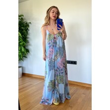 Picco Boutique Kadın Çiçekli Salaş Maxi %100 Pamuk Elbise Ince Askılı Arkası Çapraz Bağlamalı Dökümlü Yazlık Uzun Oversize Boho Şifon Cut Out Detaylı Günlük Tatil Plaj Elbisesi