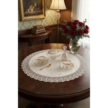 Rona Home Lüks Dekoratif Yuvarlak Runner Güpür Kenarlı Jakarlı Desenli Orta Sehpa Örtüsü 60 cm Çap