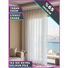 Demor Home  1’e 3 Sık Pileli Çizgili Tül Perde Kırık Beyaz Kornişe Takmaya Hazır